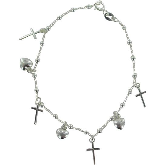 Bracciale in argento 925 con grani tondi mm 1 e pendenti a forma di croce e cuore 