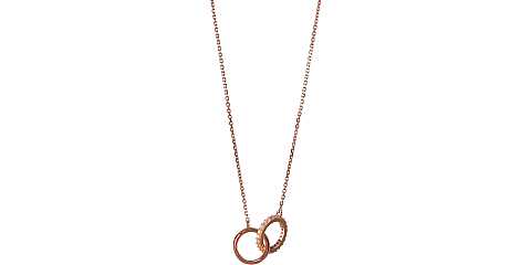 Collana con due anelli intrecciati con strass in argento 925 con bagno in oro rosa 