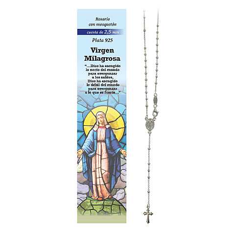 Rosario Madonna Miracolosa in argento 925 con grani da Ø 2,5 mm e preghiera in spagnolo
