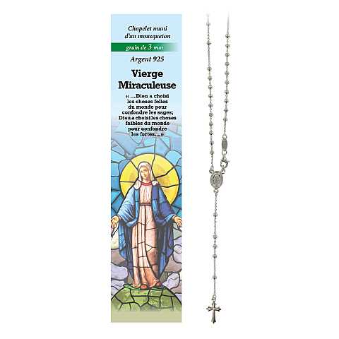 Rosario Madonna Miracolosa in argento 925 con grani da Ø 3 mm e preghiera in francese