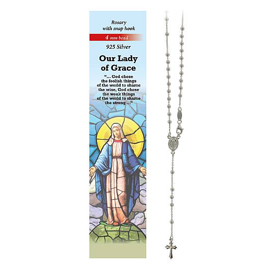 Rosario Madonna Miracolosa in argento 925 con grani da Ø 4 mm e preghiera in inglese