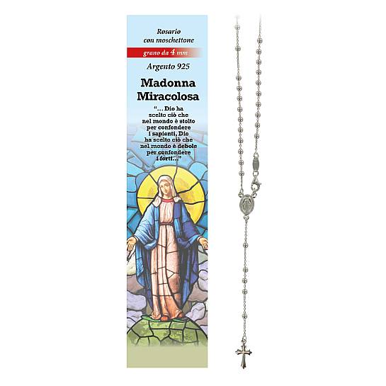 Rosario Madonna Miracolosa in argento 925 con grani da Ø 4 mm e preghiera in italiano