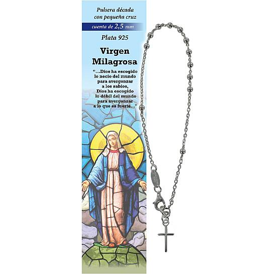 Bracciale rosario in argento 925 con grani da 2,5 mm con croce - Madonna Miracolosa - spagnolo