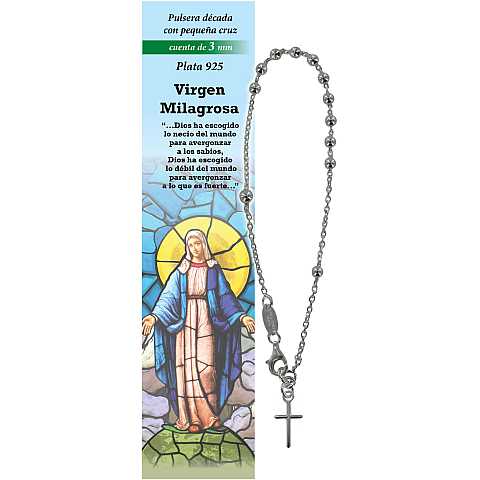 Bracciale rosario in argento 925 con 11 grani da 3 mm con croce - Madonna Miracolosa - spagnolo