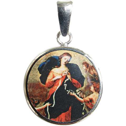 Medaglia Maria che scioglie i nodi tonda in argento 925 e porcellana
