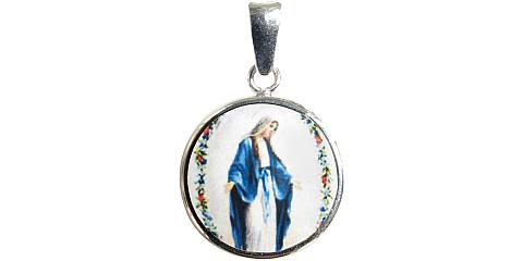 Medaglia Madonna Miracolosa tonda in argento 925 e porcellana - 1,8 cm