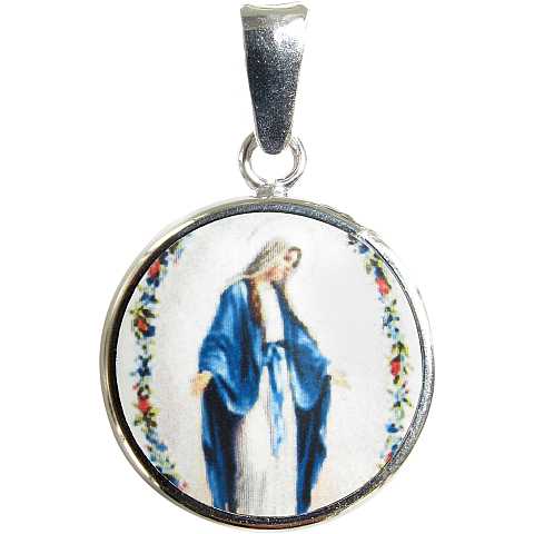 Medaglia Madonna Miracolosa tonda in argento 925 e porcellana - 1,8 cm