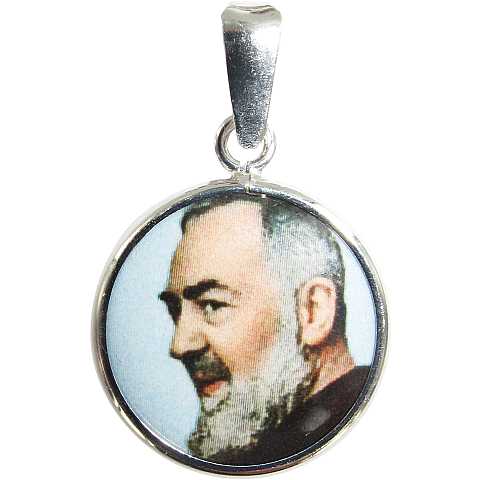 Medaglia Padre Pio tonda in argento 925 e porcellana - 1,8 cm