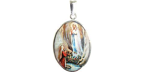 Medaglia Madonna di Lourdes  ovale in argento 925 e porcellana