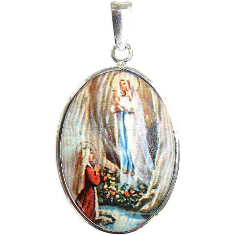 Medaglia Madonna di Lourdes  ovale in argento 925 e porcellana
