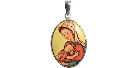 Medaglia Madonna con Bambino in argento 925 e porcellana - 3 cm