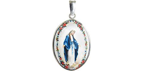 Medaglia Pendente Madonna Miracolosa, Ovale, Argento 925 e Porcellana, 3 Cm