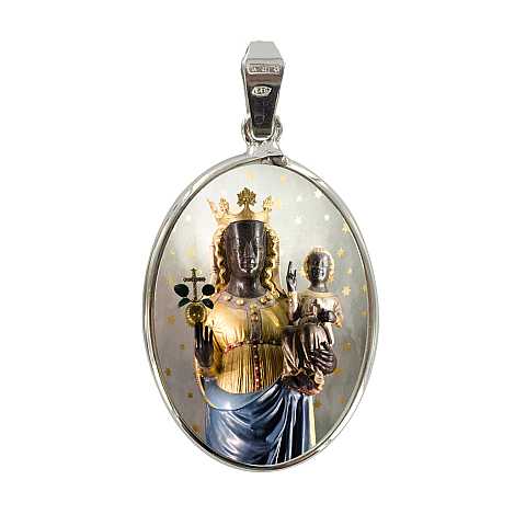 Medaglia Madonna di Oropa ovale in porcellana con profilo in argento Ø 3 cm	