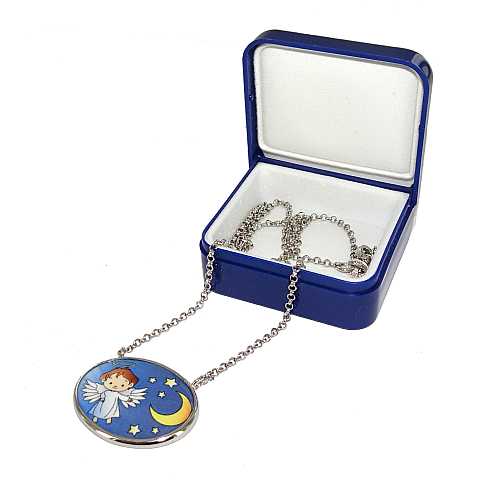 Collana argento con medaglia in porcellana - Angelo e Stelle