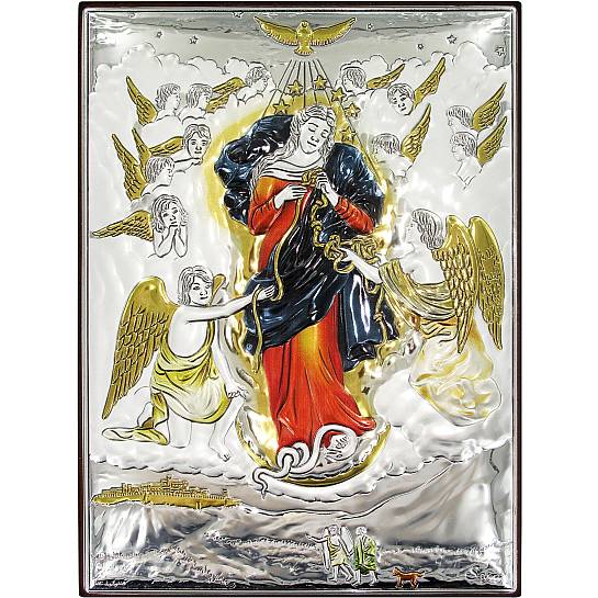 Quadretto Bassorilievo di Maria che scioglie i nodi, argento 999 e dettagli colorati (18 x 13,5 cm)