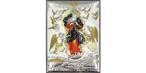 Quadretto Bassorilievo di Maria che scioglie i nodi, argento 999 e dettagli colorati (19,5 x 26 cm)
