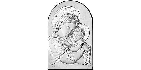 Quadro Madonna con Bambino a Forma di Arco con Lastra in Argento - Bassorilievo - 6 x 9 Cm