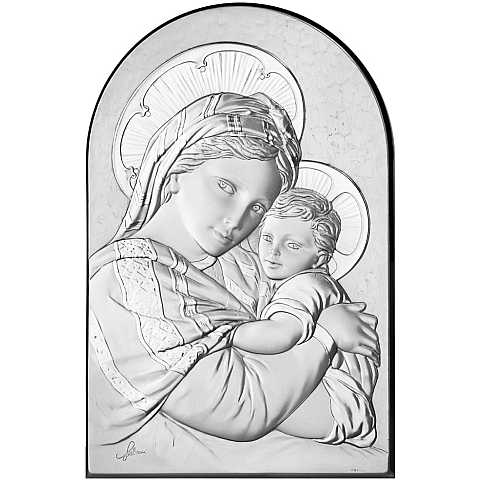 Quadro Sacra Famiglia a forma di arco con lastra in argento - Bassorilievo - 19 x 12,5 cm 