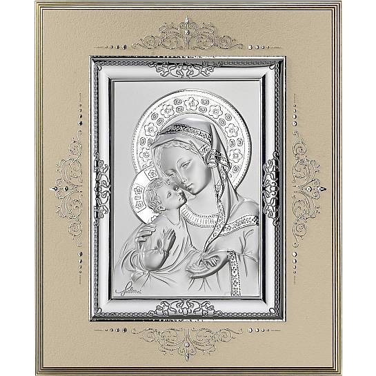 Icona Madonna col Bambino in argento 925 e legno - 17 x 14 cm
