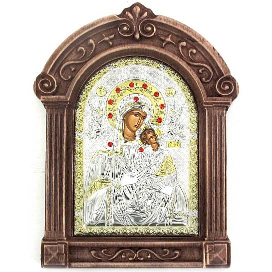 Icona Madonna col Bambino Greca a forma di arco con lastra in argento e cornice in legno - 24 x 16 cm
