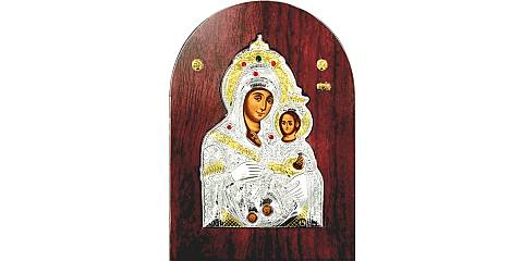 Icona Madonna di Betlemme Greca a forma di arco in argento con dettagli in oro e cristalli - 14 x 10 cm