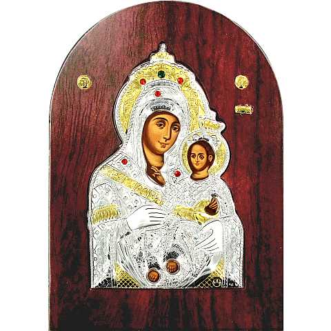 Icona Madonna di Betlemme Greca a forma di arco in argento con dettagli in oro e cristalli - 14 x 10 cm