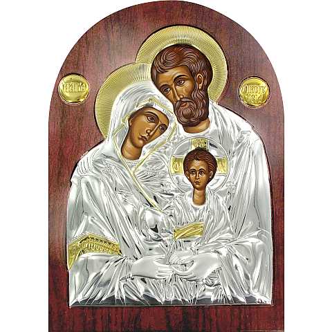 Icona Sacra Famiglia Greca a forma di arco in argento con dettagli in oro e cristalli - 26 x 20 cm