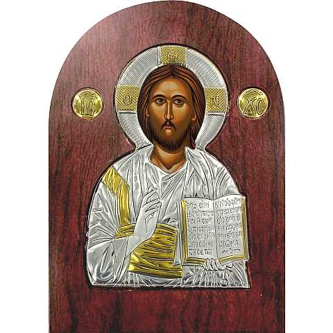 Icona Cristo con libro aperto Greca a forma di arco in argento con dettagli in oro e cristalli - 14 x 10 cm