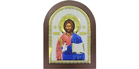 Icona Cristo con libro aperto greca a forma di arco con lastra in argento - 20 x 26 cm