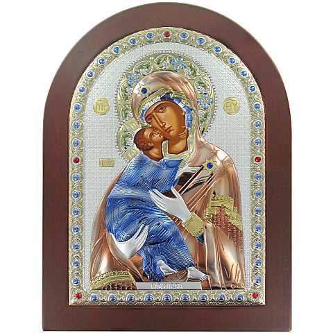 Icona Madonna di Vladimir greca a forma di arco con lastra in argento - 20 x 26 cm