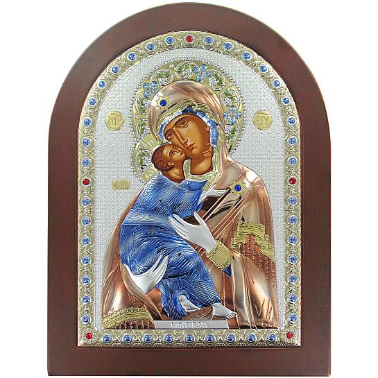 Icona Madonna di Vladimir greca a forma di arco con lastra in argento - 20 x 26 cm