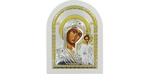 Icona Madonna di Kazan Greca a forma di arco con lastra in argento - 10 x 14 cm