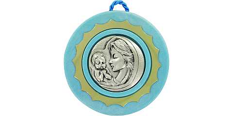 Sopraculla in argento 925 raffigurante la Madonna col bambino (azzurro) Ø 9 cm