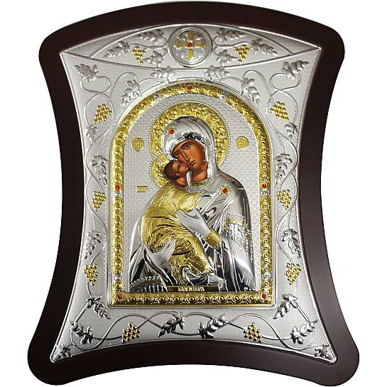 Icona con lastra argento Madonna di Vladimir cm 32,5X36