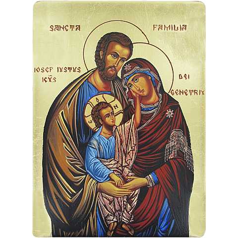 Icona Sacra Famiglia dipinta a mano su legno con fondo oro - 13 x 16 cm