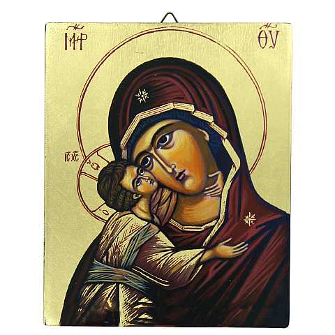 Icona Madonna con Bambino dipinta a mano su legno con fondo oro cm 13x16