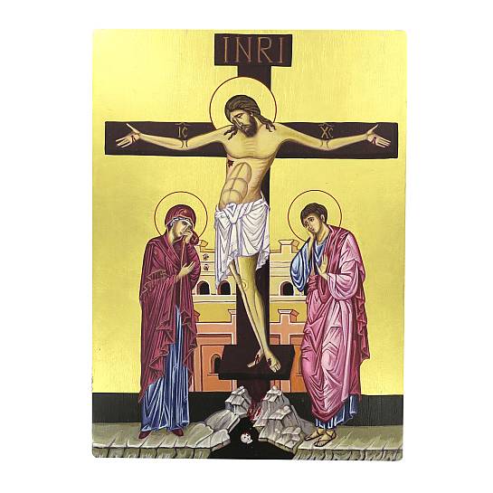 Icona Crocifissione di Gesù dipinta a mano su legno con fondo oro cm 19x26