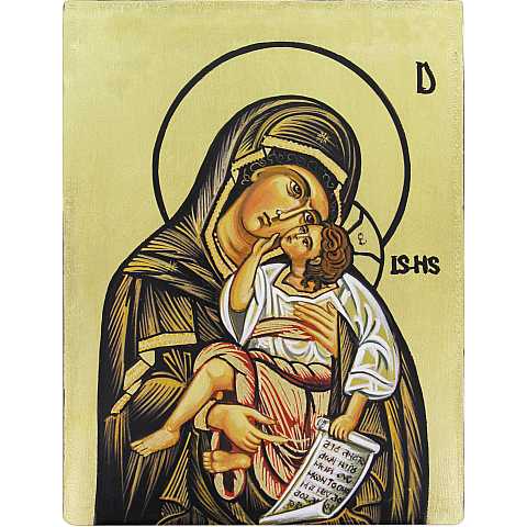 Icona Madonna con Bambino dipinta a mano su legno con fondo oro cm 19x26