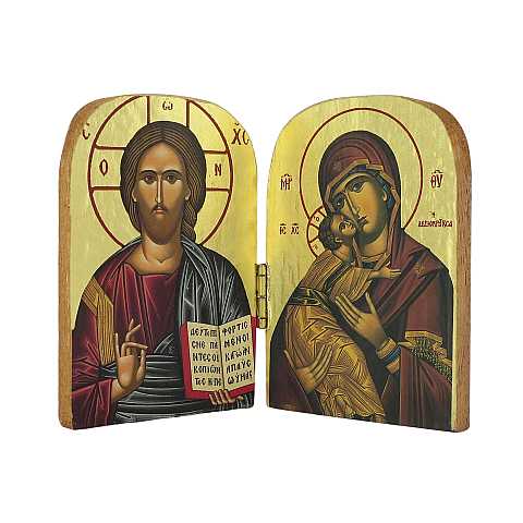 Dittico stile icona, Cristo Pantocratore e Madonna con bambino, produzione greca in legno - 9,5 x 7 cm