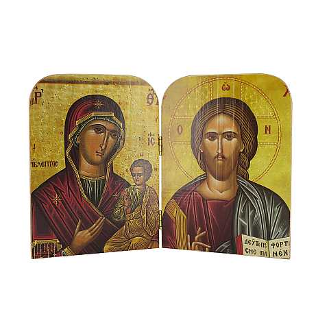 Dittico stile icona, Cristo Pantocratore e Madonna con bambino, produzione greca in legno - 20,5 x 14 cm