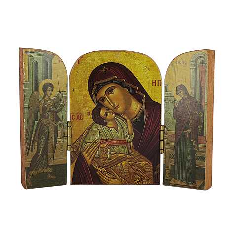Trittico Madonna di Vladimir, produzione greca in legno - 10 x 7 cm