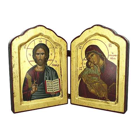 Icona dittico Cristo Pantocratore e Madonna di Vladimir, produzione greca in legno - 26,5 x 18 cm