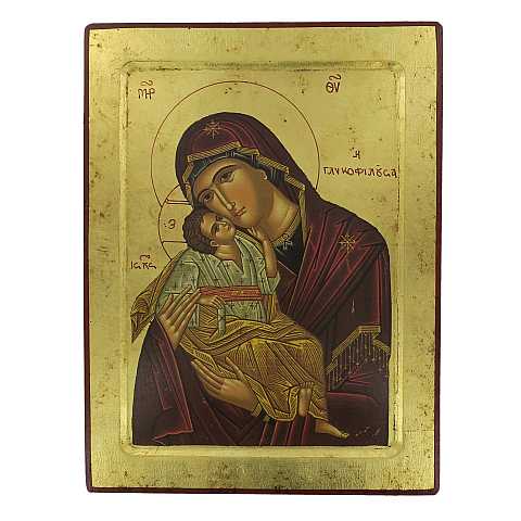 Icona Madonna della Tenerezza, produzione greca su legno - 31,5 x 24 cm