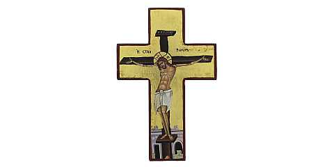 Croce icona Cristo morente, Icona in Stile Arte Bizantina, Icona su Legno Rifinita con Aureole, Scritte e Bordure Fatte a Mano, Produzione Greca e sfondo foglia oro - 14,5 x 9,5 Cm