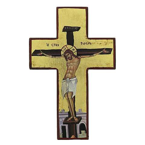 Croce icona Cristo morente, produzione greca in legno e sfondo foglia oro - 14,5 x 9,5 cm