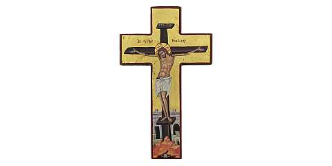 Croce icona Cristo morente, Icona in Stile Arte Bizantina, Icona su Legno Rifinita con Aureole, Scritte e Bordure Fatte a Mano, Produzione Greca e sfondo foglia oro - 21,5 x 13 Cm
