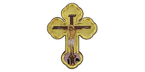 Croce icona Cristo morente, Icona in Stile Arte Bizantina, Icona su Legno Rifinita con Aureole, Scritte e Bordure Fatte a Mano, Produzione Greca e sfondo foglia oro - 28 x 21 Cm