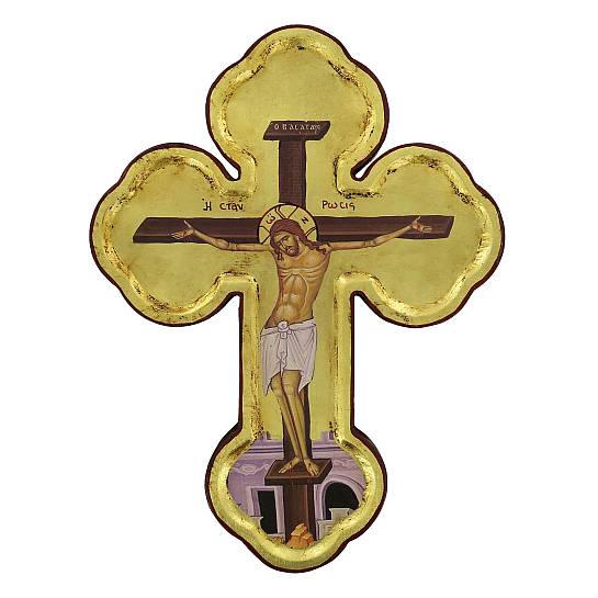 Croce icona Cristo morente, Icona in Stile Arte Bizantina, Icona su Legno Rifinita con Aureole, Scritte e Bordure Fatte a Mano, Produzione Greca e sfondo foglia oro - 28 x 21 Cm