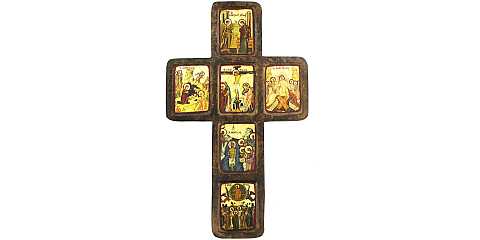 Croce con icone delle scene della vita di Gesù e Maria, produzione greca in legno - 26,5 x 22 cm