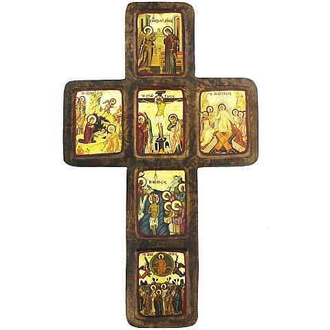 Croce con icone delle scene della vita di Gesù e Maria, produzione greca in legno - 26,5 x 22 cm